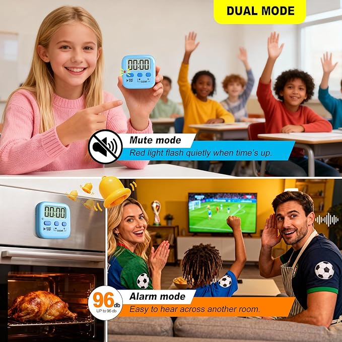 2 Pack Digital Timer for Kids Classroom Kitchen Timers for Cooking | w/ Battery, Easy to View, Alarm, Mute Mode, Count Down/Up, Magnetic, Kickstand, Hanging, Classroom Timer for Teacher Supplies