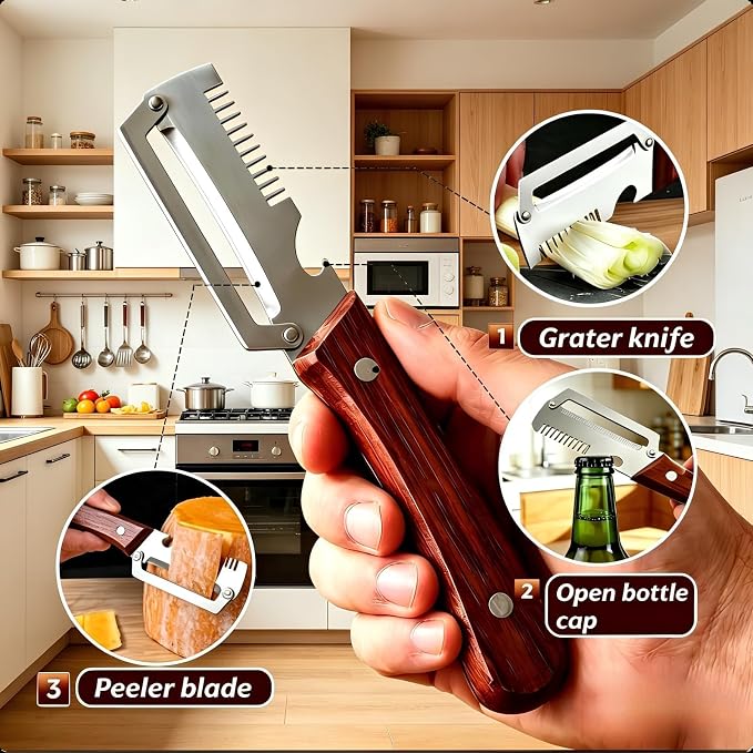 2PCS Multifunctional Vegetable Peeler, Premium Vegetable Peeler with Wooden Handle, 3-in-1 Peelers For Kitchen with Bottle Opener, Stainless Steel Blade Kitchen Tool for Vegetables Fruit