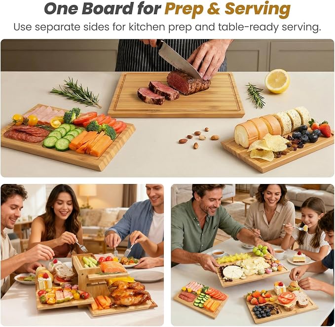 Bamboo Cutting Board for Kitchen, Double-Sided with Stand, Natural | 3-piece Chopping Board Set With Juice Grooves, Vertical Storage Rack, and Comfort Side Handles for Effortless Meal Prep