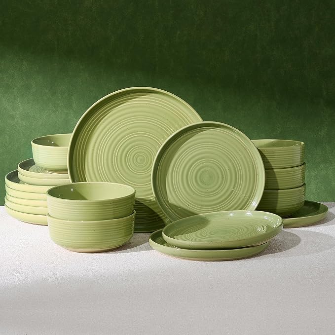 Dinnerware Sets for 6, Ceramic Plates & Bowls, Olive Green | 18-Piece Ceramic Speckled Spiral Dishes, Chip & Scratch Resistant, Microwave & Dishwasher Safe, Everyday Use, Farmhouse Style