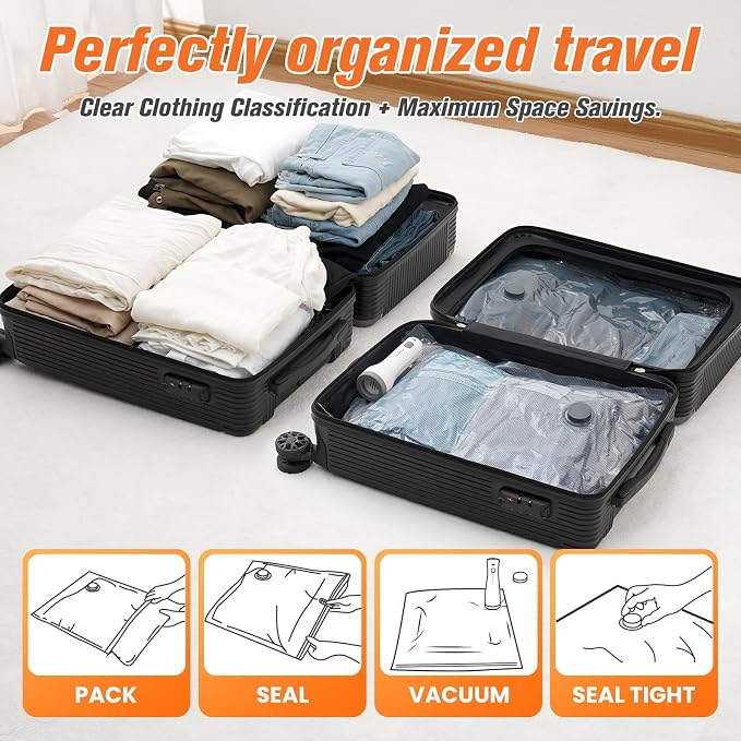 12 Pack Vacuum Storage Bags for Travel with Cordless Pump, Space Saver Bags for Clothes, Compression Packing Bags for Luggage, 12 Combo Size