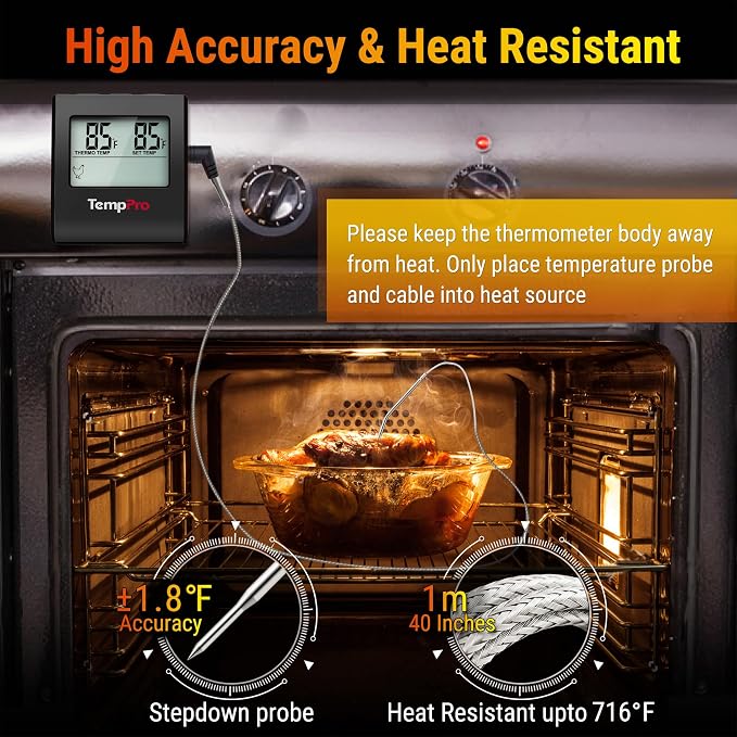 TempPro TempTrack Large LCD Digital Meat Thermometer for Cooking, Smoking | Kitchen Food Probe Thermometer With Clock Timer, Stainless Steel Temperature Probe for Oven Smoker BBQ Grill Candy, Black