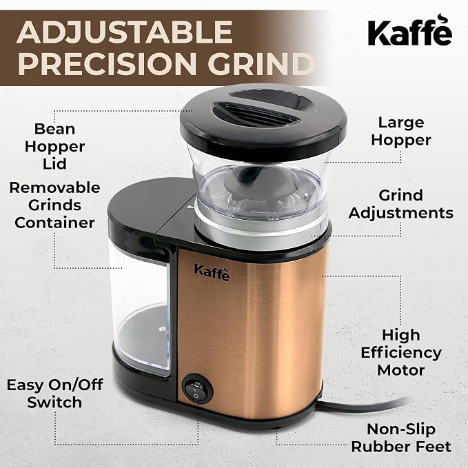 Kaffe Electric Burr Coffee Grinder (5.5oz) w/Adjustable Precise Coarseness Settings - Flat Burr - [Improved Motor] - Precision Coffee Bean Grinder for Home Use - Copper