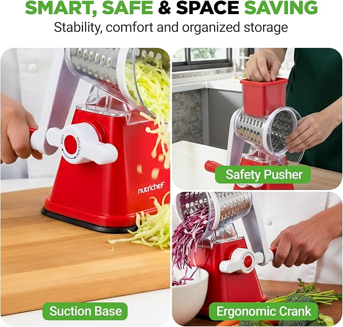 Nutrichef 3 in 1 Cheese Grater & Shredder | Strong Suction Base, Rotary Handle with Safety Lock | Includes Hand Crank & 3 Drum Blades for 3 Textures, Fine, Medium & Strips | Red