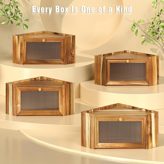 Trironsun Stylish Acacia Corner Bread Box for Kitchen Counter Wood Large Capacity Rustic Bread Storage Container with Wavy Arcylic Transparent Door for Homemade Bread (Acacia Wood)