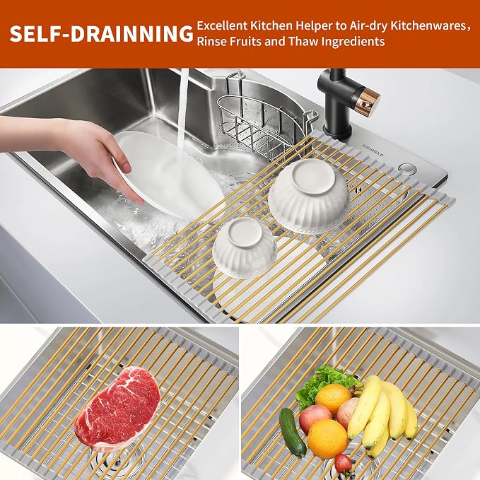 Extra Large Golden Roll-UP Dish Drying Rack-Stainless Steel Dish Drainer Over The Sink for Kitchen Countertop,Applicable for Sink Width Less Than 19in (Gold,20.5'x 13.2')