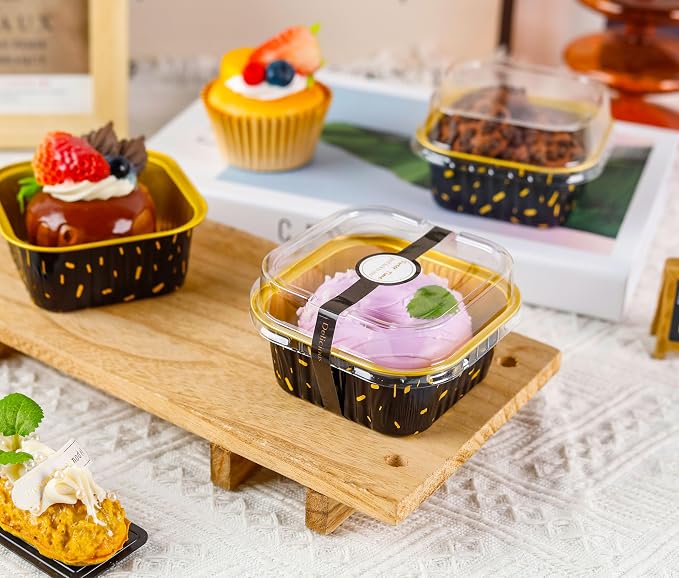 NPLUX Square Foil Cups with Lids, 50 Pack Black Gold 5oz for Bakery Gifts | Use for cake slices, loaf cuts, tiramisu and truffle layers; topping visibility supports counter display.
