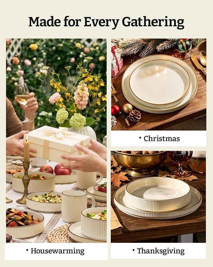 Famiware Star Stoneware Dinnerware Sets with Pasta Bowls, 16pc Dishes for 4 | Ceramic Plates and Double Bowls with Rim. Chip & Scratch Resistant. Microwave & Dishwasher Safe, Everyday & Formal Use, Cream