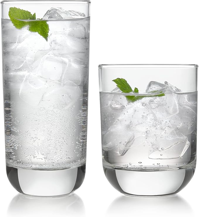 Polaris Tumbler & Rocks Drinking Glasses Set of 16, Clear Glass Cups | 16.25 oz and 12.25 oz Capacities for Water, Juice, Cocktails, and More with Dishwasher-Safe Convenience for Easy Cleanup