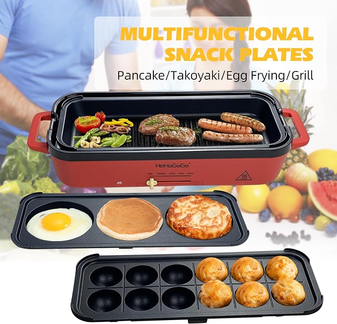 Multifunctional Electric Griddle Electric Grill Nonstick Baking Maker with 3 Interchangeable Pans For Takoyaki Cake Pop/ Mini Pancake/ Fried Steak