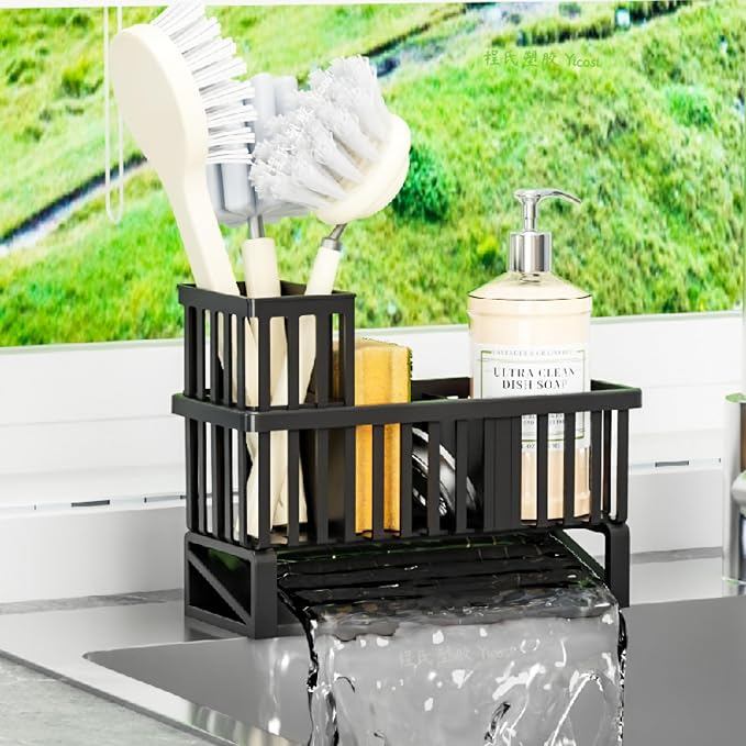 Rustproof Sink Caddy & Kitchen Sink Organizer,Plastic Dish Sponge Holder with High Scrub Brush Holder,Sponge Rack for Kitchen Sink,Multifunctional Sponge Drain Rack,Dish Soap Caddy & Dispenser