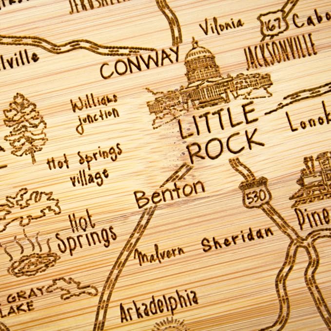 Totally Bamboo A Slice of Life Arkansas Engraved Map Cutting Board | 11” x 8.75” charcuterie board with engraved state map artwork. Smooth reverse side for food prep. Hang tie for wall display.