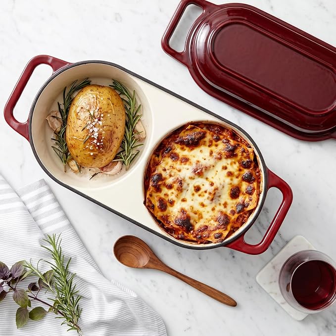 Double Dutch Oven Pot with Lid, 2.2QT Enameled Cast Iron Bread Loaf Pan, Mini Dutch Oven For Sourdough Bread Baking, 500°F Oven Safe Non Stick Dual Round Bread Pan, Bread Oven, 16.5cm Diameter, Red