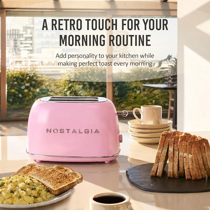 Nostalgia Classic Retro 2-Slice Toaster- Vintage Design- Enamel Coated Steel Body- Wide Slots for all Breads- Crumb Tray, Cord Storage- Defrost,Cancel and Bagel Function & 6 Toasting Levels- Pink