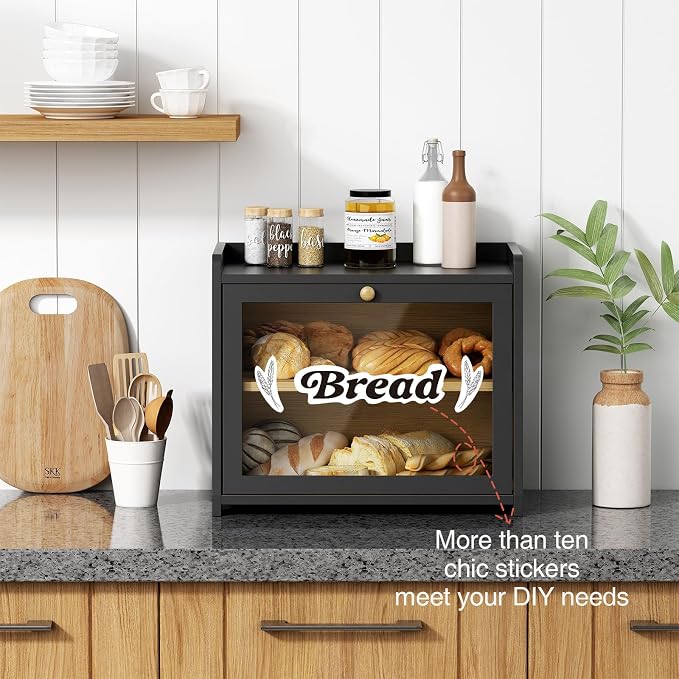 Goozii 2 Tier Bread Box for Kitchen Countertop Black, Double Layer Breadbox for Counter Top, Large Wood Vintage Bread Storage Container for Homemade Bread, Corner, Under Cabinet, Pantry