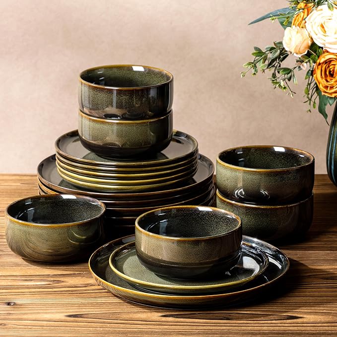 Ceramic Dinnerware Set for 6, 18-Piece Plates and Bowls Set | Handmade Reactive Glaze Dish Set, Scratch Resistant, Oven & Microwave & Dishwasher Safe, Olive Green