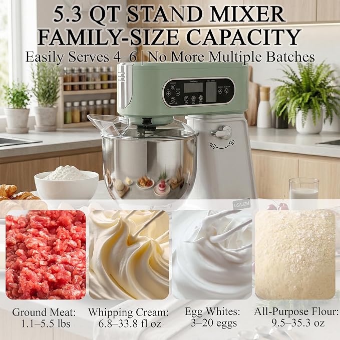 5.3 Qt Tilt-Head Stand Mixer, 9-Speed Electric Food Mixer | 9-Speed Control, Stainless Steel Bowl, Dough Hook Whisk Flat Beater, Splash Guard, Easy Clean, for Home Baking, Spearmint