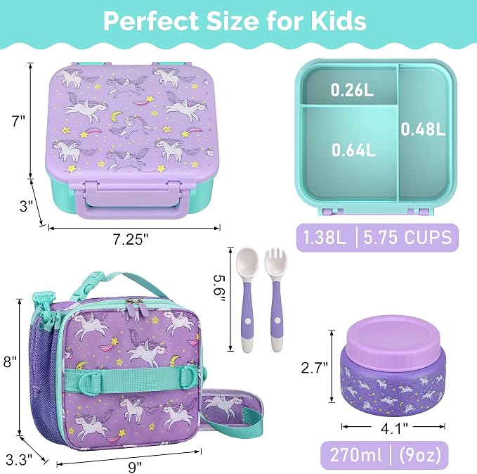 Kids Lunch Box Set with Bento Box, 9oz Stainless Steel Thermo & Insulated Lunch Bag – Hot & Cold Leakproof Lunch Container with Utensils for School & Travel