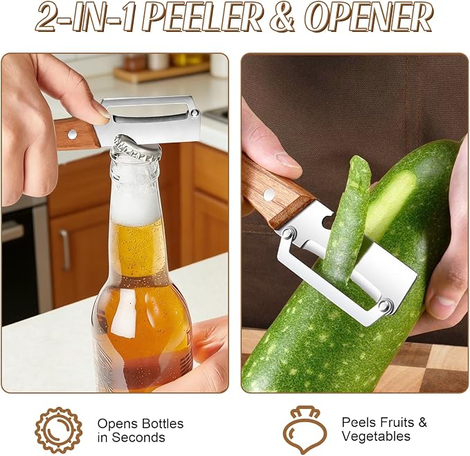 2026 Upgrade Vegetable Peeler With Wooden Handle, Stainless Steel Wide Blade Potato and Carrot Peeler, 2-in-1 Veggie Peeler With Bottle Opener for Kitchen, Camping and Travel (2PCS)