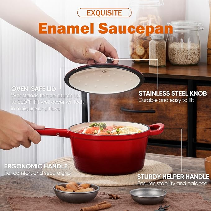 Homikit Small Sauce Pan with Lid, 2QT Enameled Cast Iron Saucepan, Enamel Cast Iron Sauce Cooking Pot Dutch Oven Kitchen Cookware for Making Pasta, Boiling Soup, Warming Milk, Red