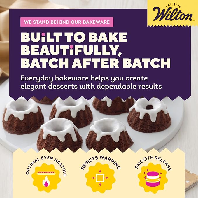 Wilton Gold Non-Stick Mini Fluted Tube Pan, Stainless Steel, 12-Cavity | Non-Stick Steel with Scratch-Resistant Coating, Resists Warping, Dishwasher Safe, Perfect for Mini Bundts & Fluted Cakes