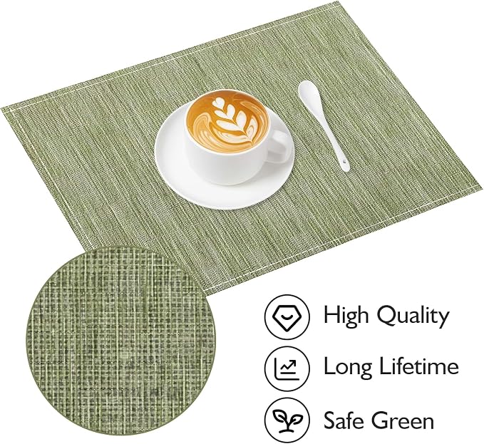Green Placemats Set of 8, 12x18 Inch Washable Easy to Clean Heat-Resistant Anti-Skid Sage Green Placemats for Holiday Party Kitchen Dining Room Decoration