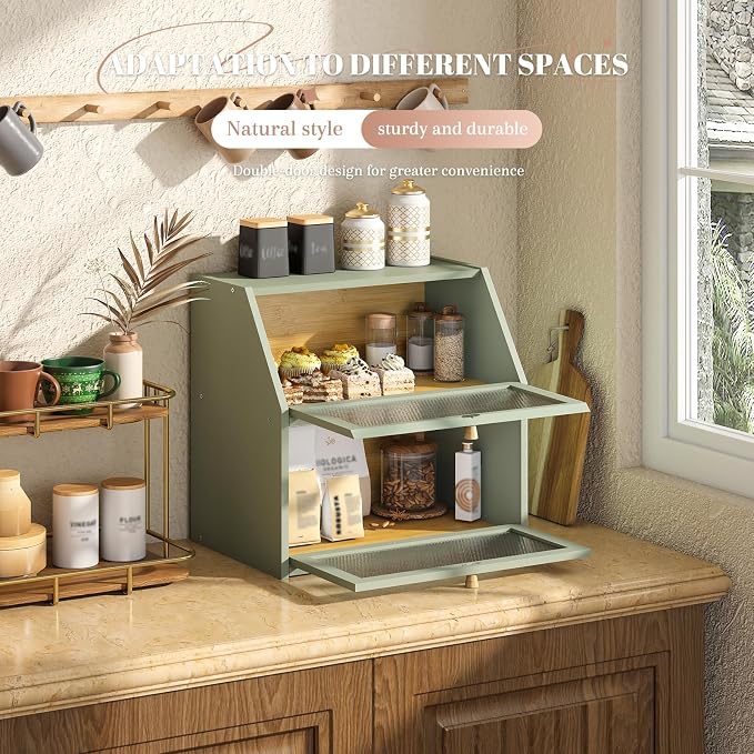 STDDRE Bread Box for Kitchen Countertop Bin Double Layer Bread Box Storage Container Extra Large Capacity Farmhouse with Diamond Pattern Windows (Green, Extra Large)