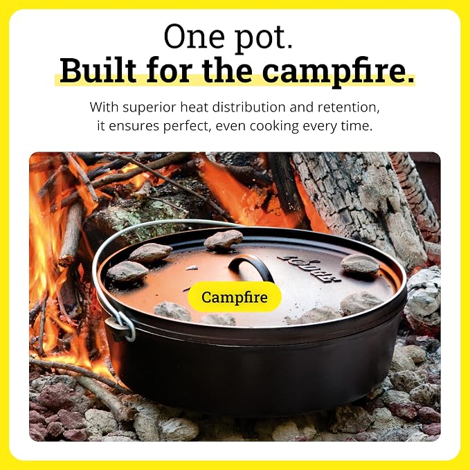 Lodge Seasoned Cast Iron Camp Dutch Oven with Lid - 10 Quart - Dual Handles - Seasoned Cast Iron Cookware with Steel Handle & Strong Lid for Heavy- Duty Camping Cookware