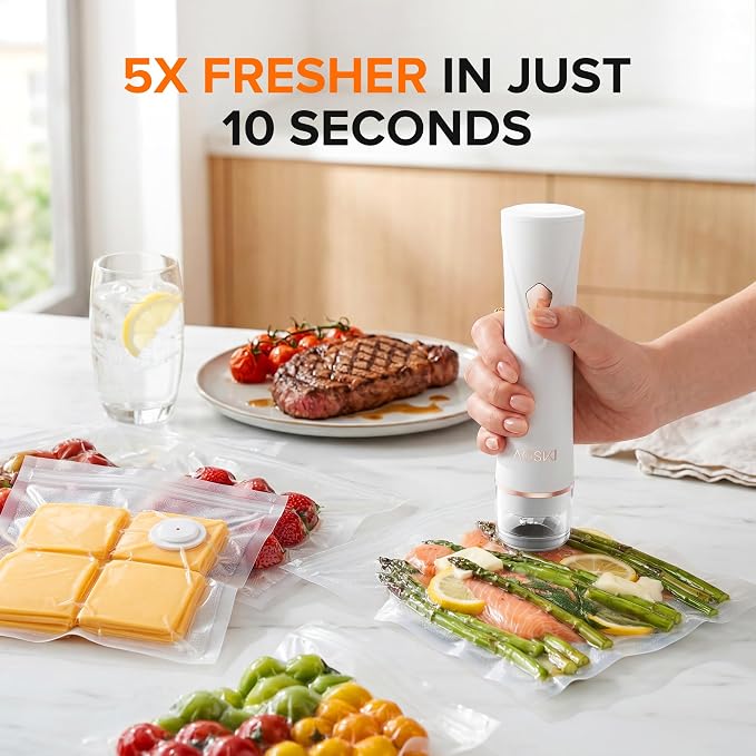 Handheld Vacuum Sealer for Food with Visible Liquid Tank | Compact Powerful Food Vacuum Sealer Machine with 10 Reusable Bags, Seal Meal Saver, Portable & Wireless, White