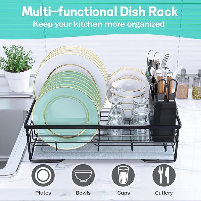 VABNEER Dish Drying Rack with Stone Drying Mat, Quick-Drying/Stainless/Super Sturdy/Space-Saving, Dish Strainers for Kitchen Counter, Escurridor de Trastes para Cocina (Black) | Quick-drying stone mat, sturdy stainless steel frame and space-saving desi...