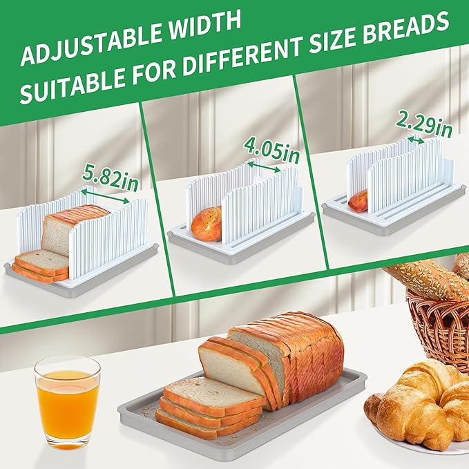 CAWIU Bread Slicer for Homemade Bread, Adjustable Width Bread Slicing Guide | Foldable Bread Cutter with Crumb Tray, Compact Cutting Guide for Loafs, Sandwiches, Bagels, and Cakes