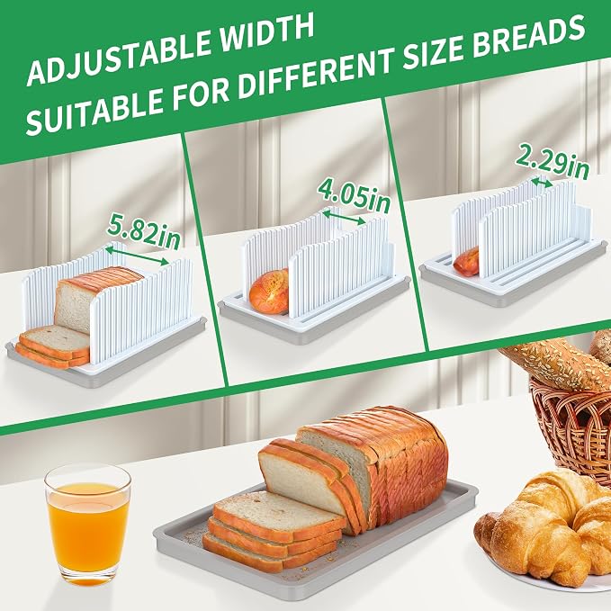 CAWIU Bread Slicer for Homemade with Box, Foldable Bread Slicing Guide | Compact Bread Cutter with Crumb Tray, Adjustable Width Bread Cutting Guide for Loafs, Sandwiches, Bagels, and Cakes