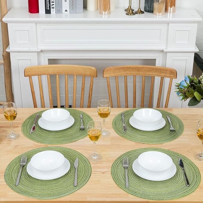 Winknowl Round Braided Placemats Set of 8 Washable Woven Heat Resistant Table Mats for Kitchen Dining Tables 15 inch Round Place Mats (Pea Green,8)
