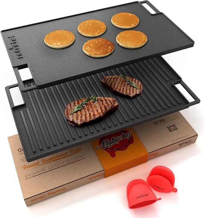NutriChef Cast Iron Reversible Griddle 18x10 Inch – Pre-Seasoned Flat Top & Ridged Grill Side, Stove Top Griddle for Gas Grill, Outdoor & Indoor Cooking