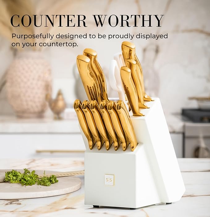 Styled Settings Gold Knife Set with Block and Sharpener, 14-Piece | Full Tang Titanium-Coated Stainless Steel Gold Knives and White Knife Block with Built-In Sharpener, Gold Kitchen Accessories