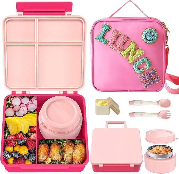 Aimsnk Lunch Box Kids with Thermo Insulated Lunch Bag for School, Pink | Bento Lunch Box for Kids with 8oz Food Jar, Leak Proof Hot Lunch Containers with 4 Compartment, Warm Lunchbox for Toddler