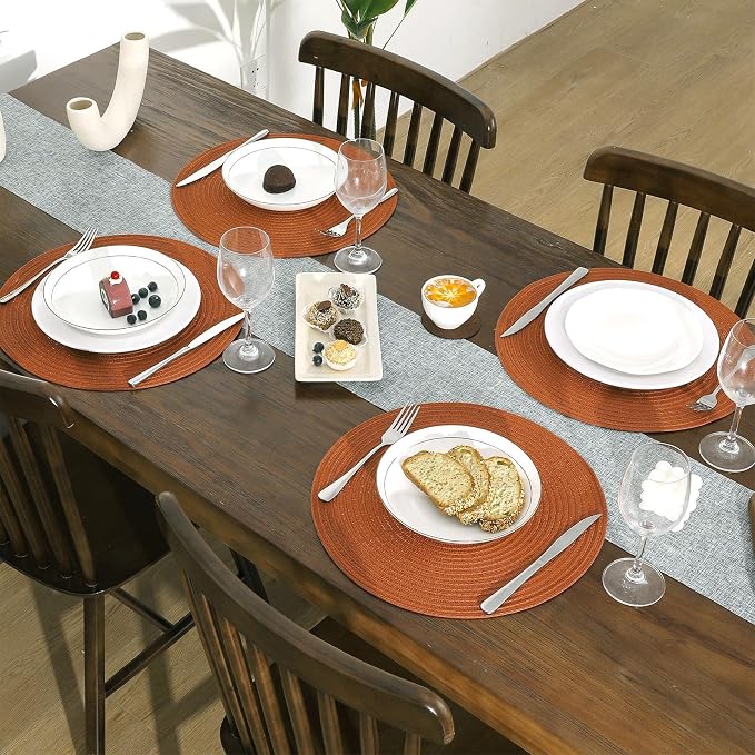 SHACOS Round Placemats Set of 4 for Dining Table 15 inch Round Braided Fall Placemats Washable Kitchen Table Mats Home Decor, Dark Orange