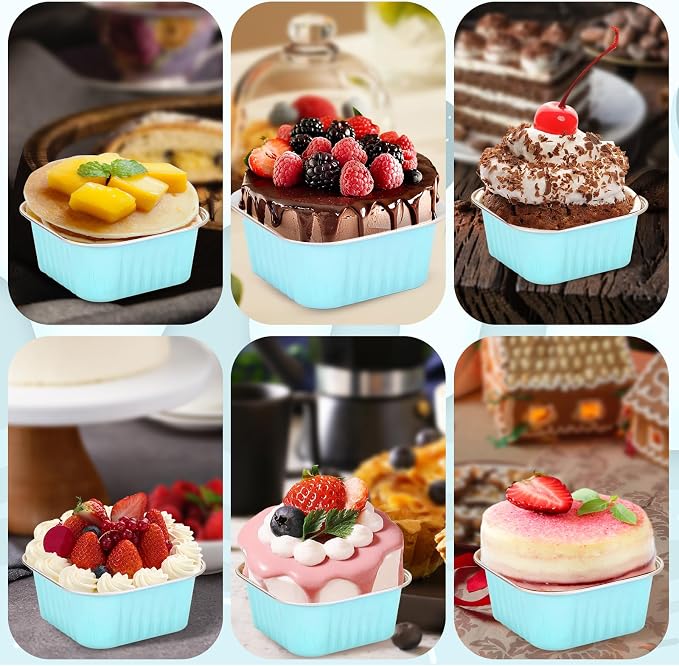 30Pack 5oz Mini Cake Pans with Lids Baking Cups Aluminum Foil Pans Tins, Individual Dessert Cups Containers for Sales,Party,Picnics Sky Blue