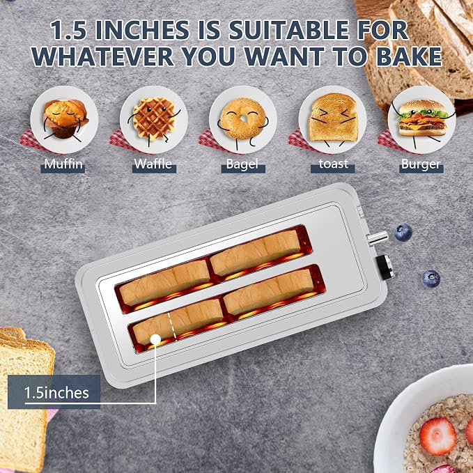 Plum chef 4-Slice Toaster, Extra Wide Long SIot Toaster, 6 Browning Settings, Bagel/Defrost/Reheat Functions, Removable Crumb Tray, Stainless Steel Housing 135oW (Stainless Steel)