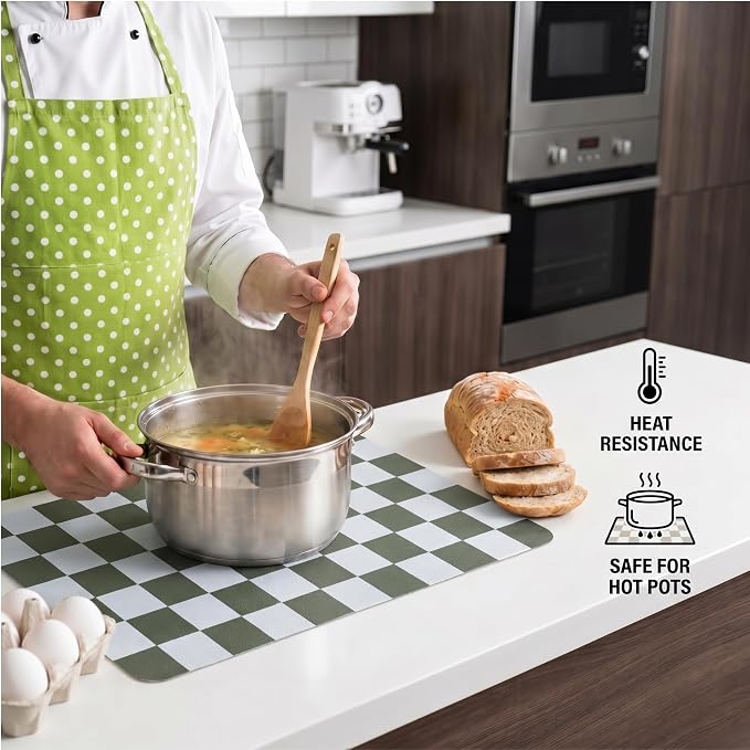 Set of 6 Checkerboard Non-Slip Washable Placemats for Dining Table | Waterproof & Heat-Resistant Faux Leather Mats | Easy Wipe Clean Tablemats for Indoor Dining, 17’’×12’’, Olive Green