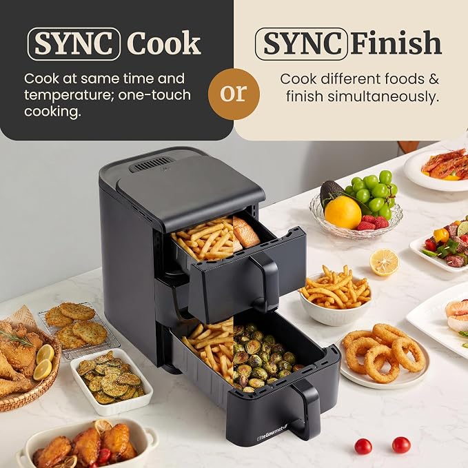 Elite Gourmet EAF6535 Dual Stacked Air Fryer, 10.5Qt, 1700W, Black | Family Size - PFAS-Free Dishwasher-Safe Nonstick Baskets - Sync Cook & Finish - 10 Presets
