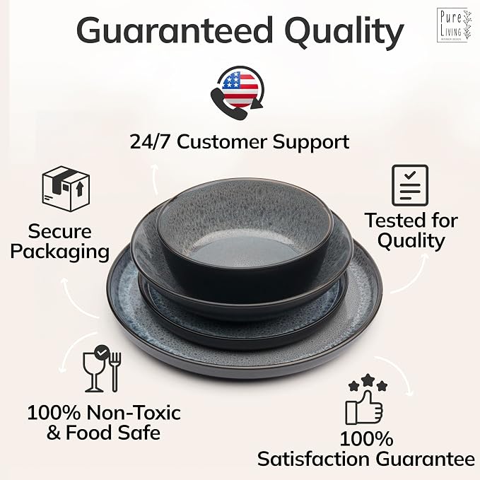 16 Piece Stoneware Dinnerware Set for 4 - Handmade Reactive Glaze Plates and Bowls Set - Chip & Scratch Resistant Dish Set - Dishwasher Microwave Safe - Dark Gray