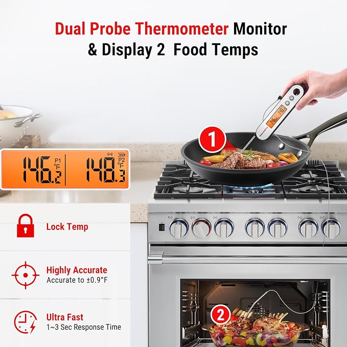 TempPro TempSwift Rechargeable Digital Meat Thermometer for Cooking | 2 Probes Food Thermometer with Stainless Steel Design, Cooking Thermometer with Alarm & Backlight for BBQ Grill Smoker Oven