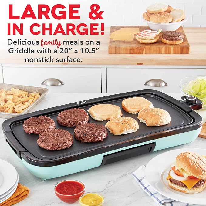 Dash Deluxe Everyday Electric Griddle, Removable Nonstick Plate, Aqua | Flat Top Grill with Drip Tray, Temperature Control, Large 20-Inch Cooking Surface for Pancakes, Eggs, Burgers, & Bacon