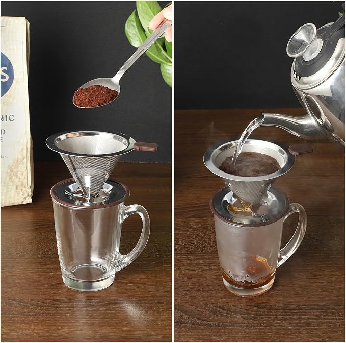 Pour Over Coffee Dripper, Reusable 304 Stainless Steel Filter for 1-4 Cup | Dual 304 stainless micro mesh, silicone heat handle, anti-slip stand, paperless reusable, easy clean for travel camping