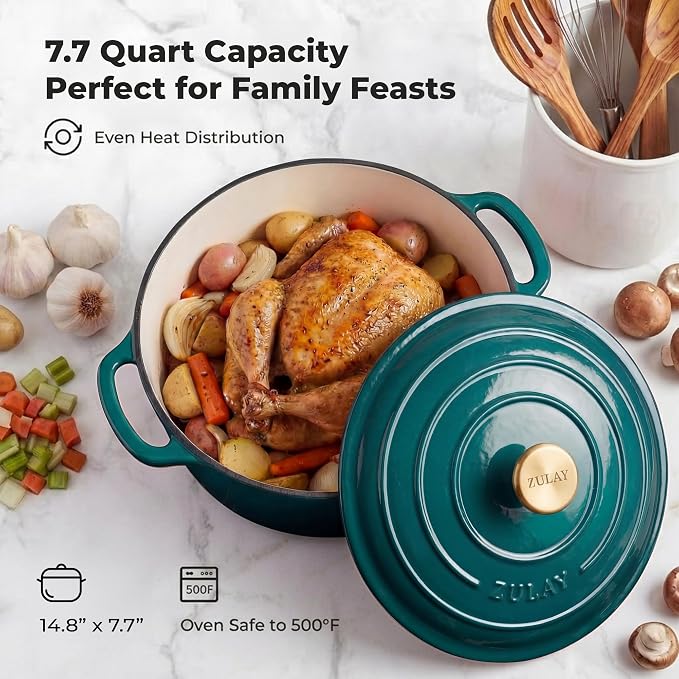 Zulay Kitchen 7.7 Quart Enameled Cast Iron Dutch Oven Pot with Lid – Premium Durability & Oven Safe up to 500°F – Heavy Duty Cookware Perfect for Bread Baking, Stews, Braising & Roasting – Emerald