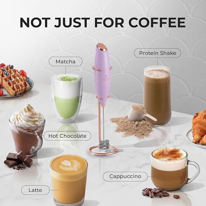Zulay Kitchen Powerful Milk Frother Wand With Duracell Batteries - Ultra Fast Handheld Drink Mixer - Electric Whisk Foam Maker for Coffee, Lattes, Cappuccino & Matcha - Triple Whisk - Regal Lavender