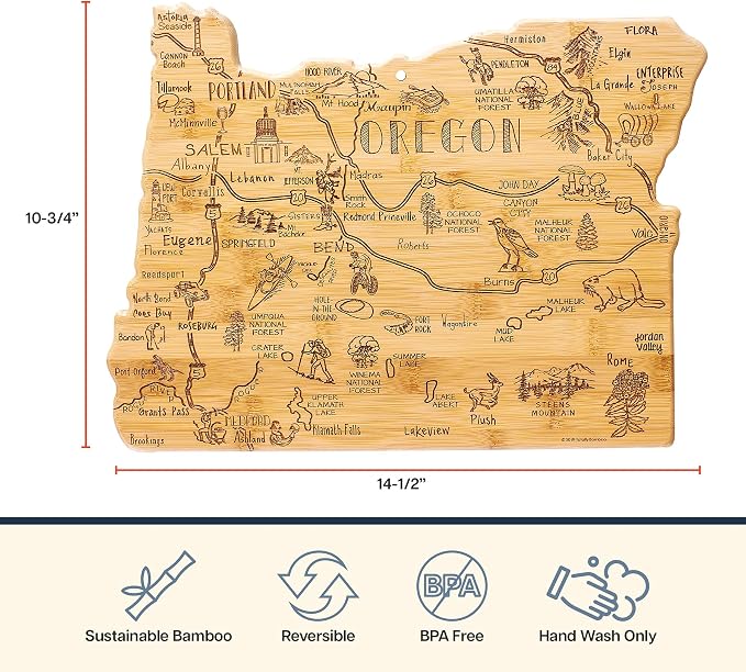 Totally Bamboo Destination Oregon State Shaped Cutting Board | State charcuterie serving board with engraved map artwork. Smooth reverse side for food prep. Hang tie for wall display.