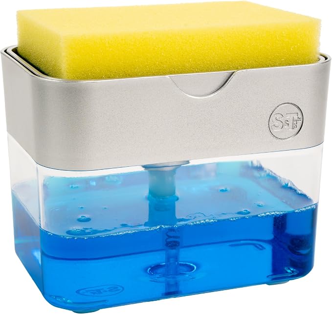 S&T INC. Dish Soap Dispenser and Sponge Holder, Silver | Holds 13 Fluid Ounces, Sponge Included, Anti-Slid Feet, Push to Dispense Perfect Amount of Dish Soap