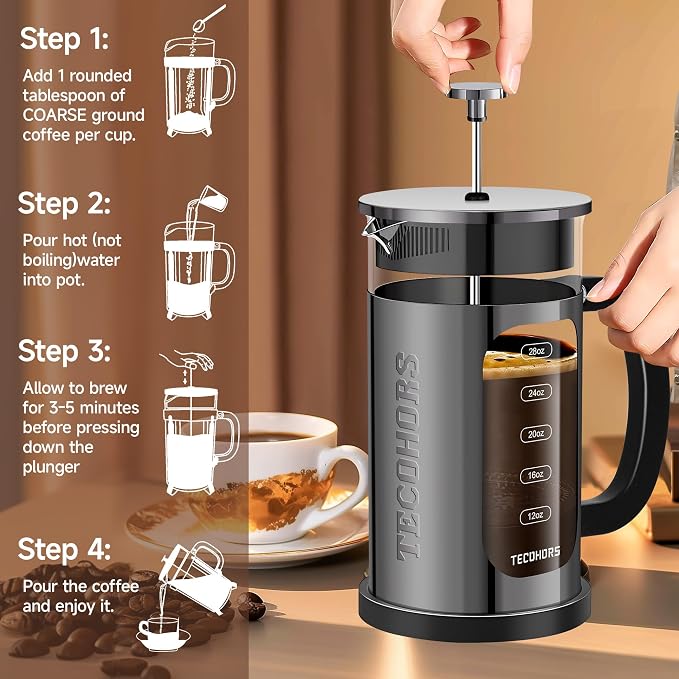 French Press Coffee Maker 34oz / 1 Quart 304 Stainless Steel Coffee Press,with 4 Filters System, Heat Resistant Thickness Borosilicate Glass, Brewed Coffee Pot (Bright Black)